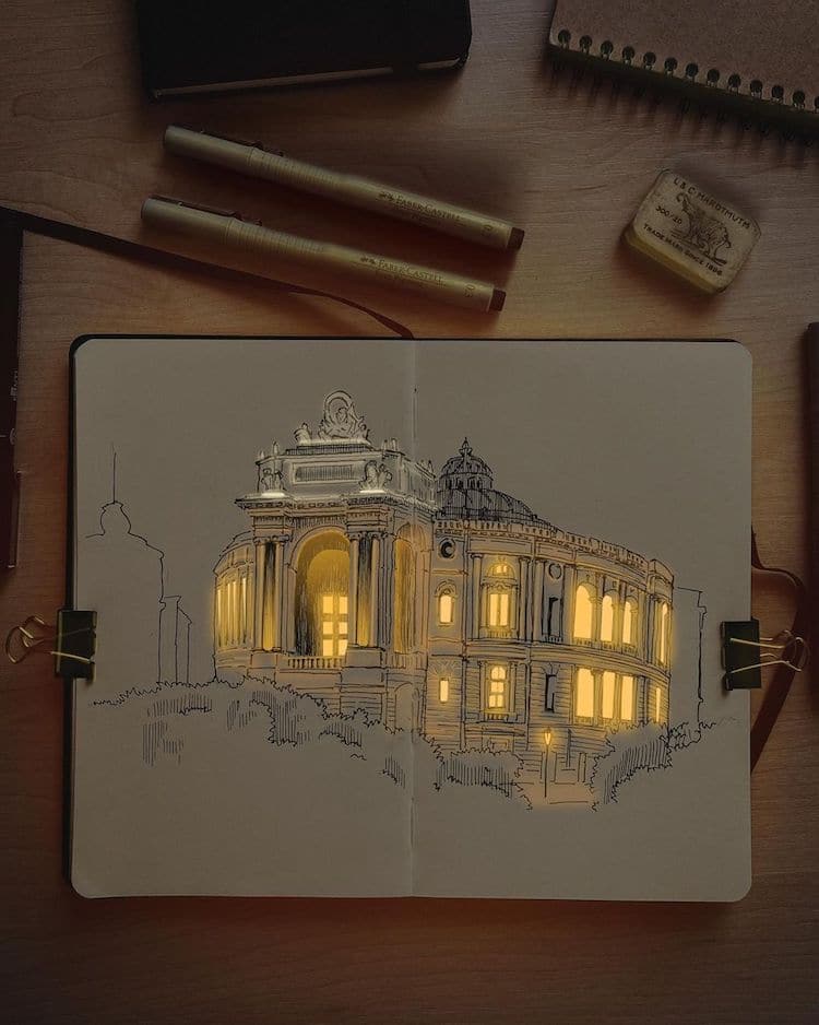 Illuminated Pen and Ink Drawings of Buildings by Nikita White