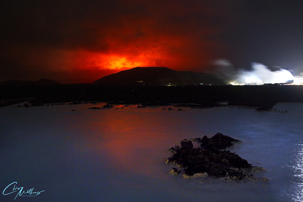 Eruption of Geldingadalur Volcano in Iceland as seen from Blue Lagoon spa and resort