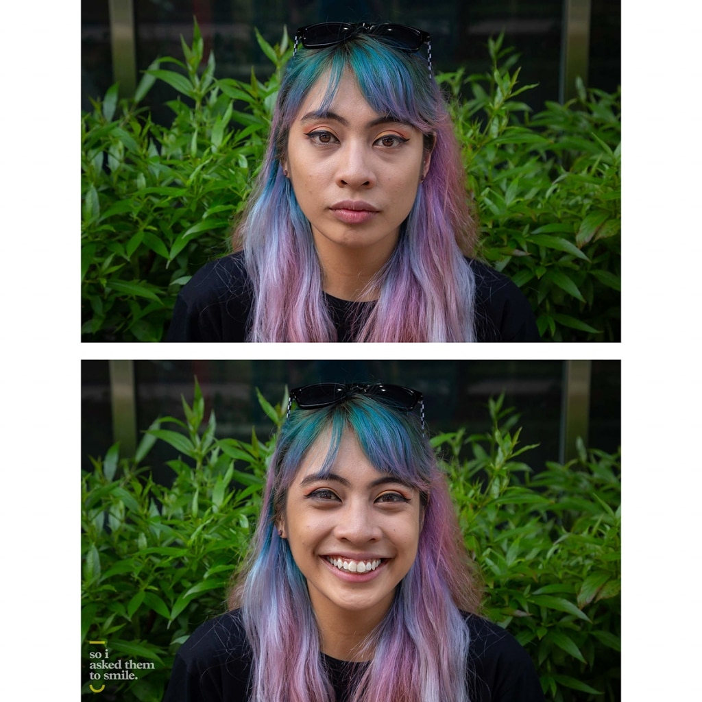 A young woman with multi-colored hair is asked to smile.