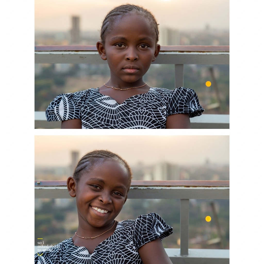 A young girl smiles at the photographer Jay Weinstein in Kenya.