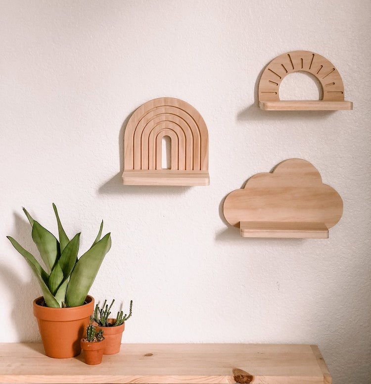 Wooden Wall Shelves Shaped Like Clouds and Rainbows