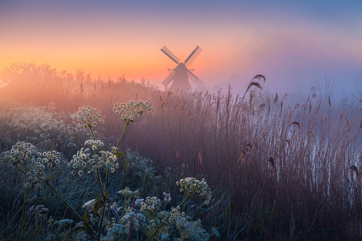 Windmill in Holland at Sunrise