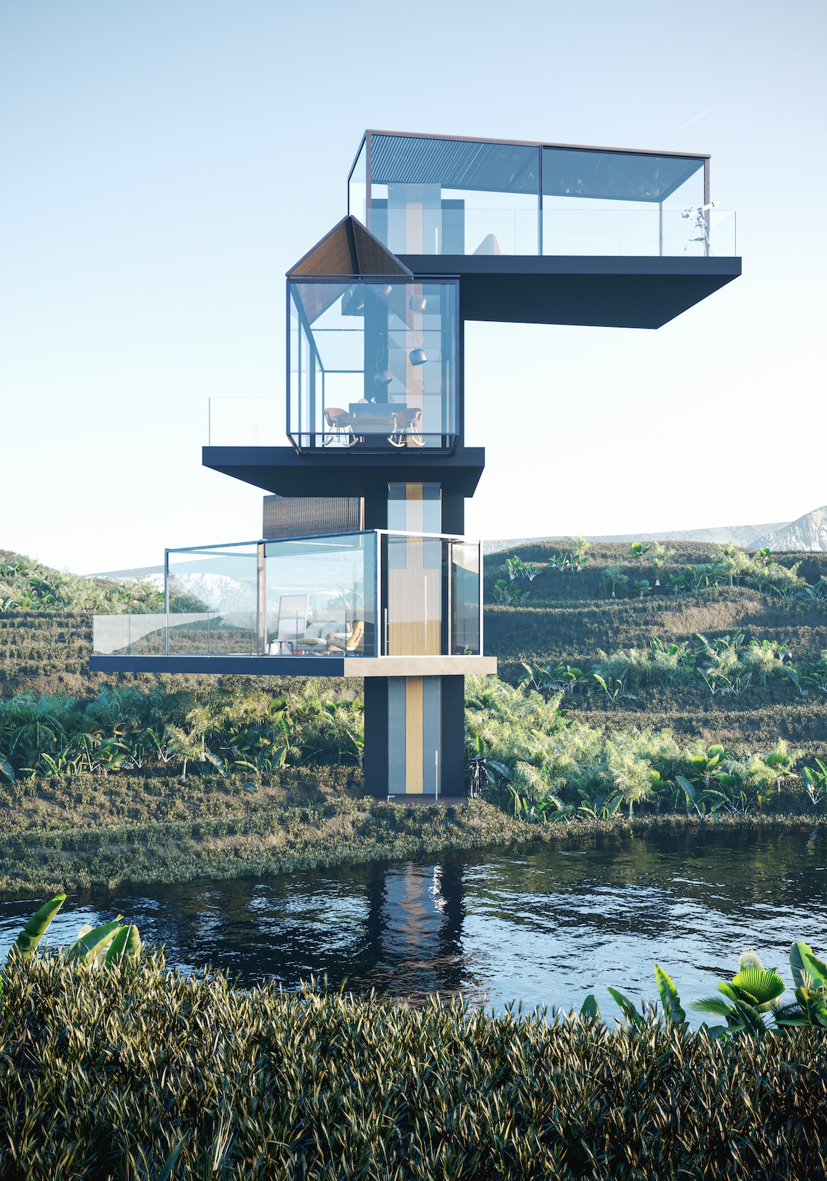 Exterior View of Adriano Design's House on the Rice Paddy