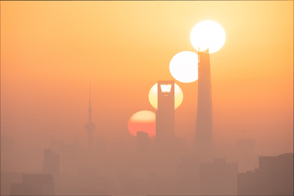 Composite Photo of the Rising Sun in Shanghai