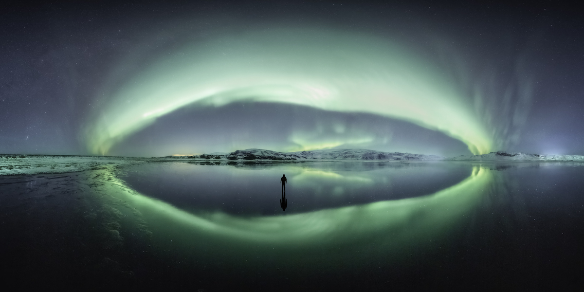 Panorama of the Aurora Borealis in Iceland