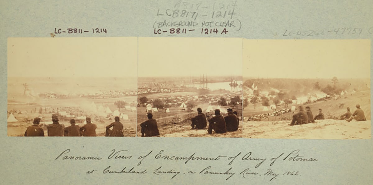Panoramic views of encampment of Army of Potomac at Cumberland Landing, on Pamunky River, May 1862