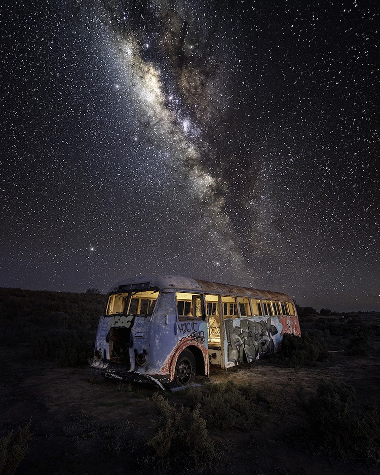Abandoned Bus with Milky Way Overhead