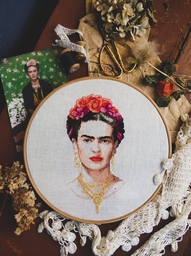 Cross Stitched Portrait of Frida Kahlo