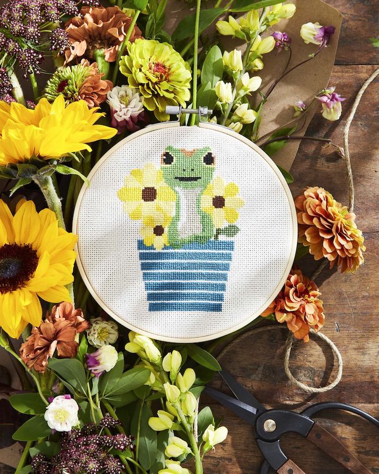 Frog and Flower Free Cross Stitch Pattern