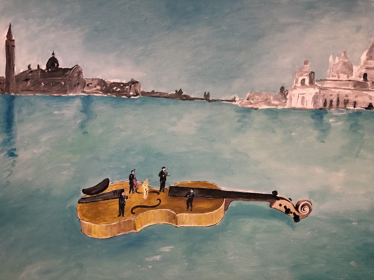 Painting of Floating Violin by Livio de Marchi