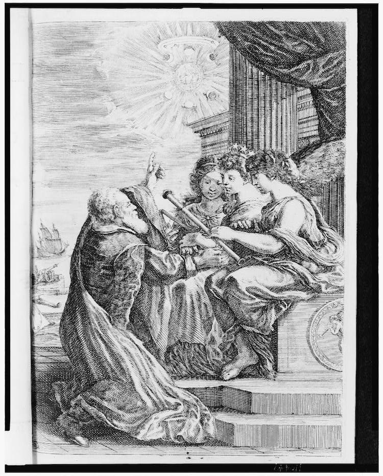 Engraving of Galileo Sharing His Telescope with Three Women