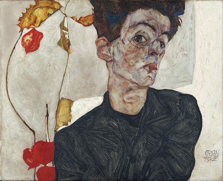 Self-Portrait with Chinese Lantern Plant by Egon Schiele
