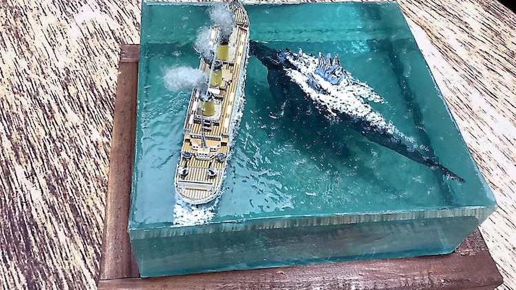 Diorama Art Featuring Titanic and Godzilla