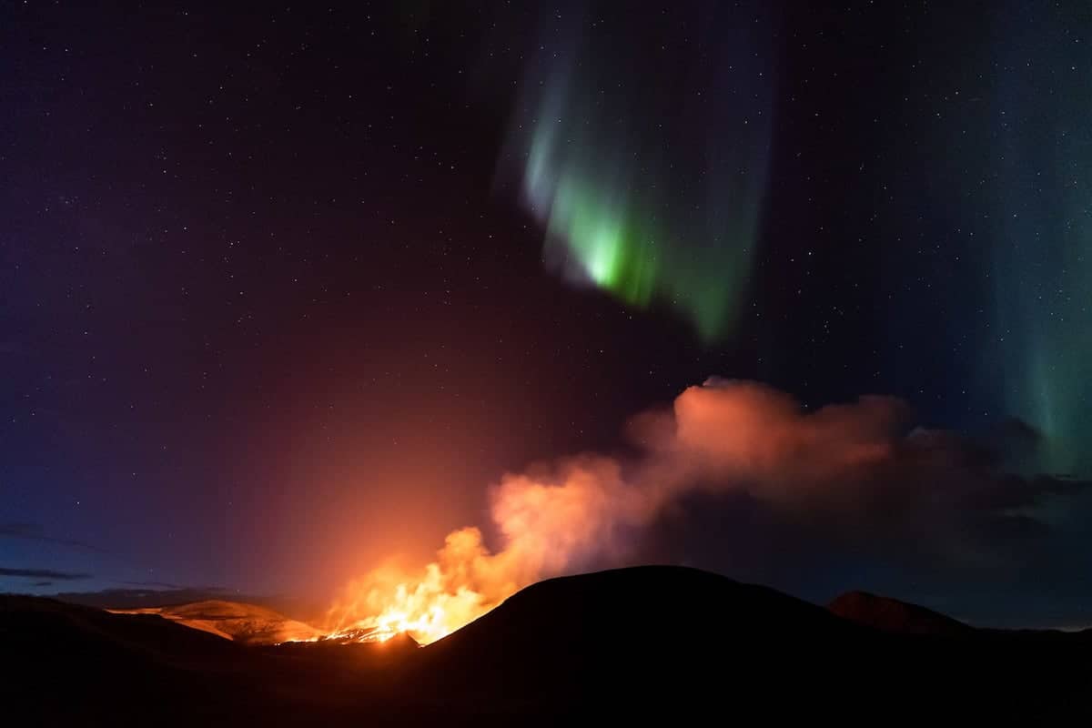 Northern Lights Over the Geldingadalir Volcano in Iceland