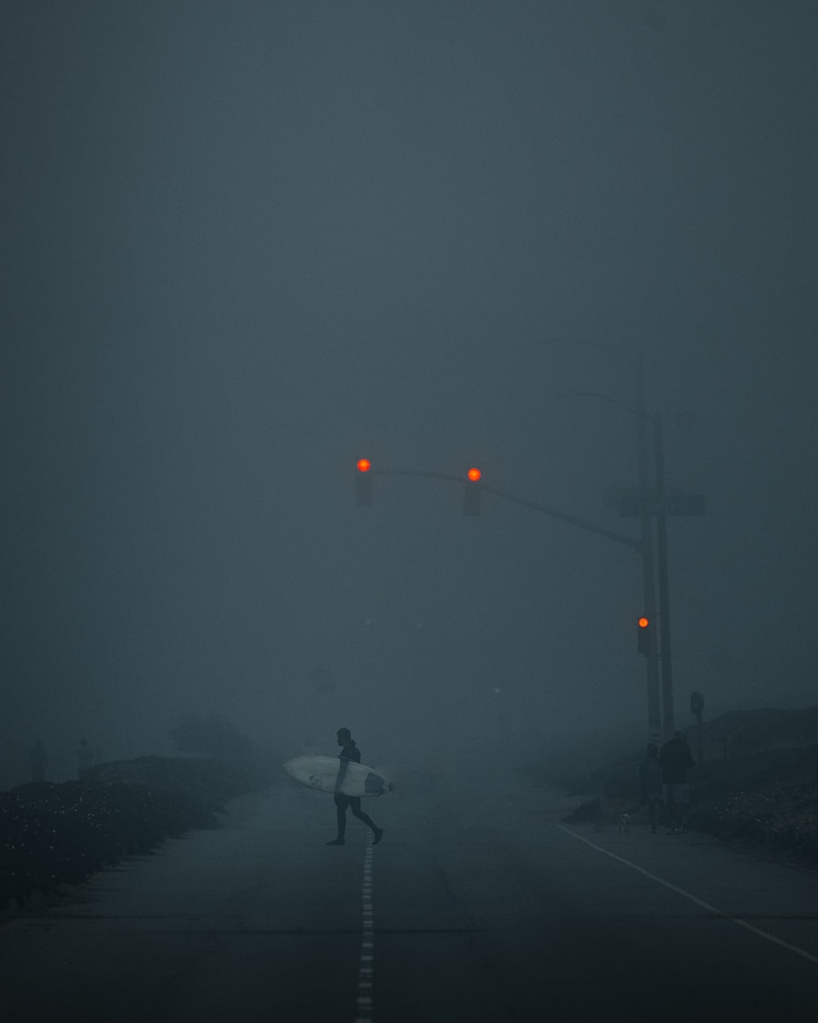 Surfer Walking in the Fog