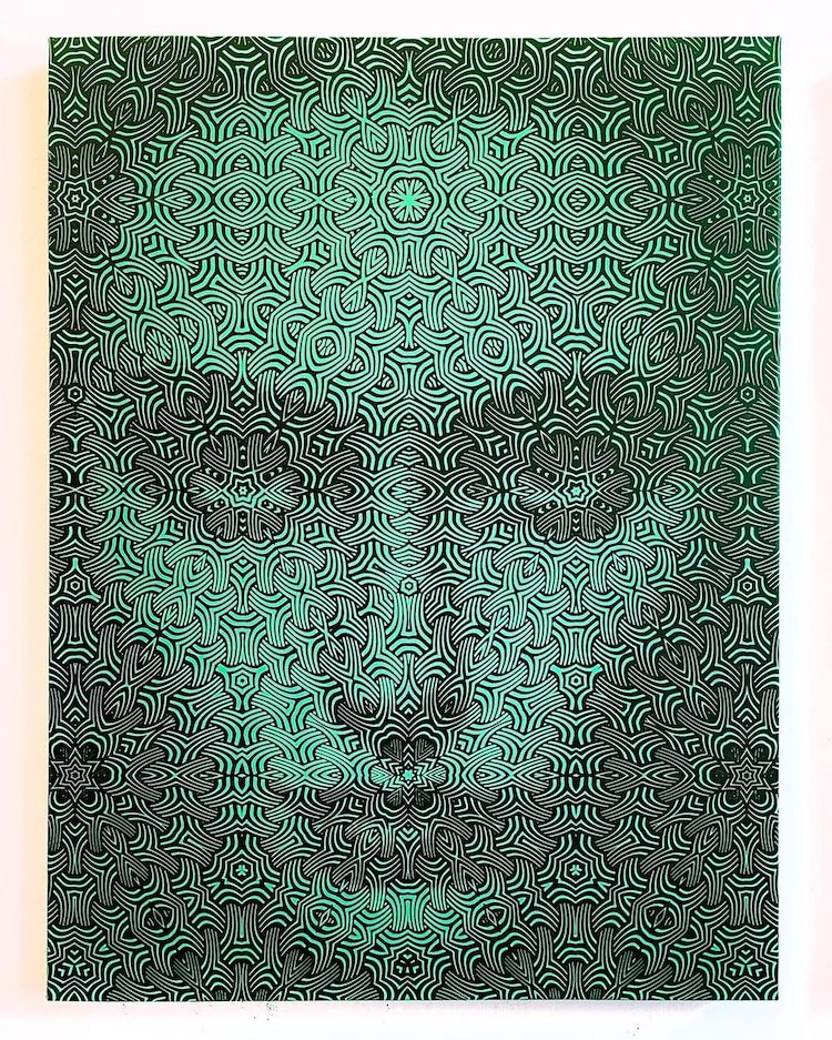 AI Faces Hide Inside of Densely Patterned Paintings by Lee Wagstaff