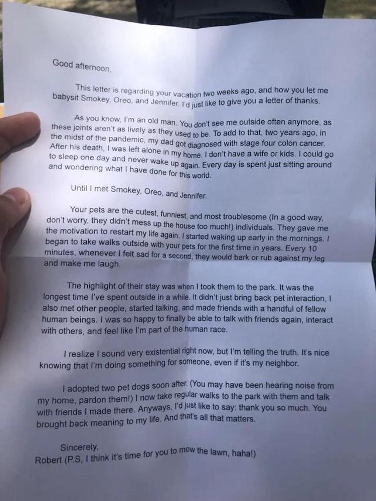 Elderly Man Watches Dogs and Sends Letter to Neighbor