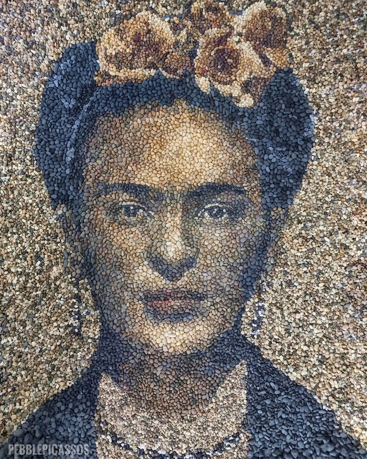 Frida Kahlo Portrait Made of Pebbles by Justin Bateman