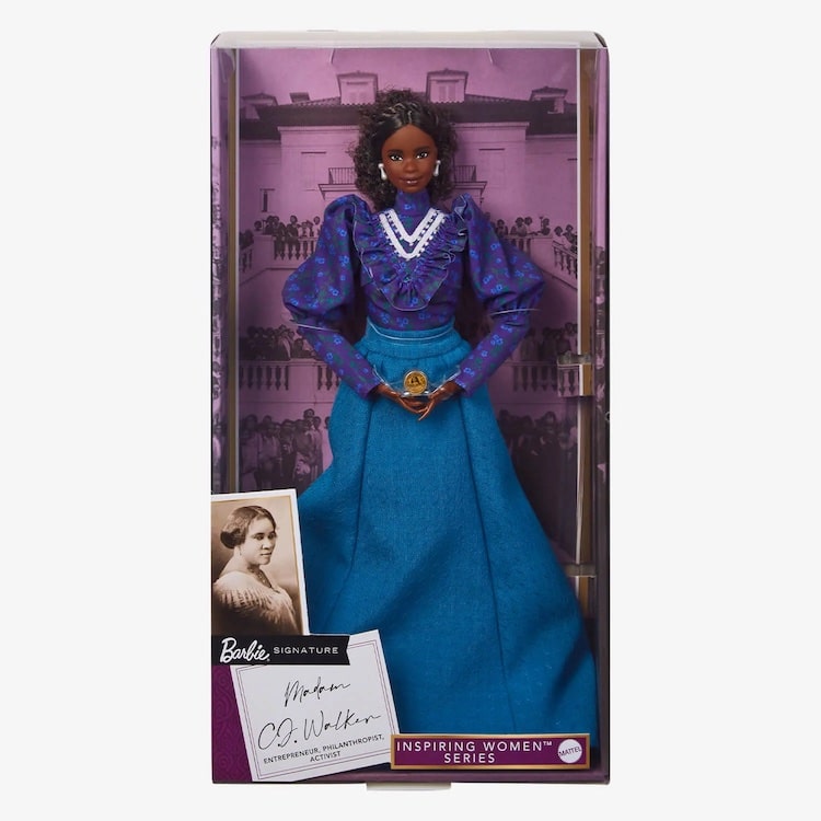 Mattel's New Madam C.J. Walker Doll Holding Mini Hair Product in Box