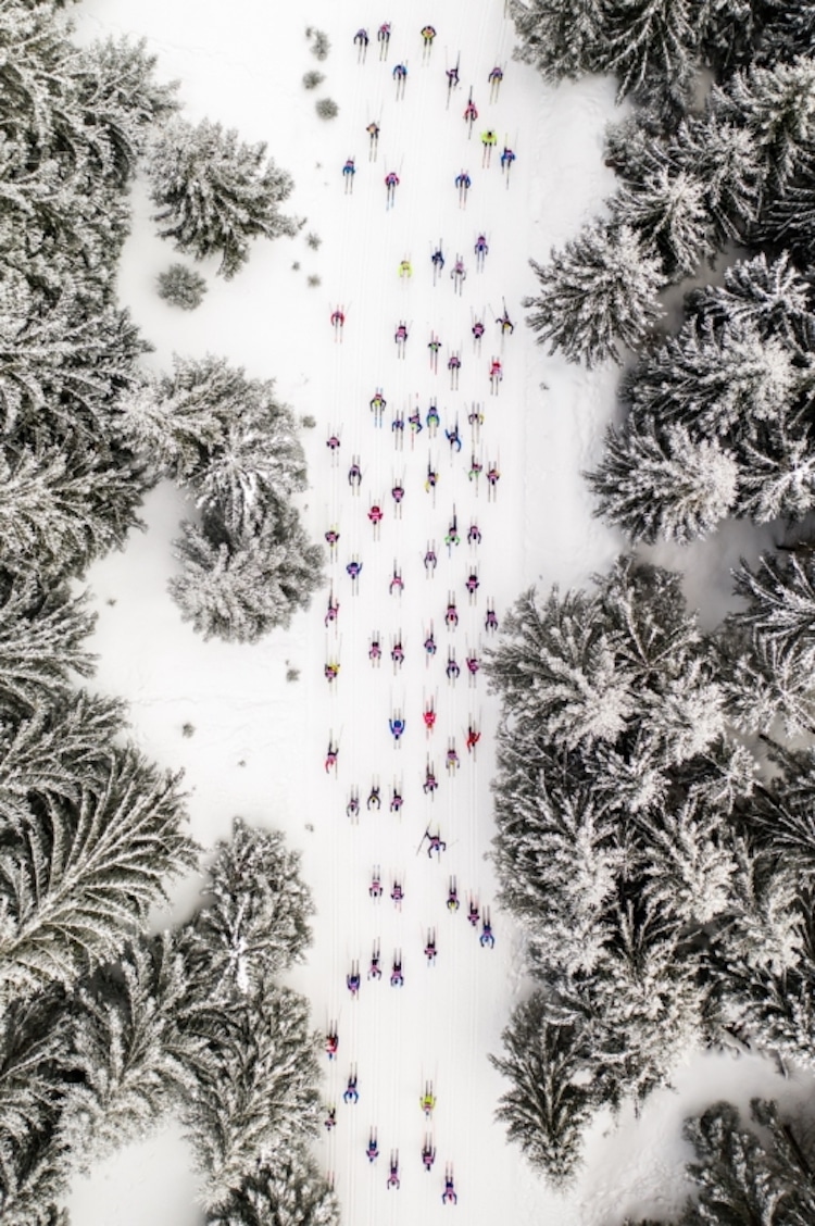 Aerial Photo of Skiers in Competition