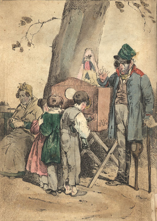 Illustration to Adolph Glasbrenner's Guckkästen by Theodor Hosemann of a peep show