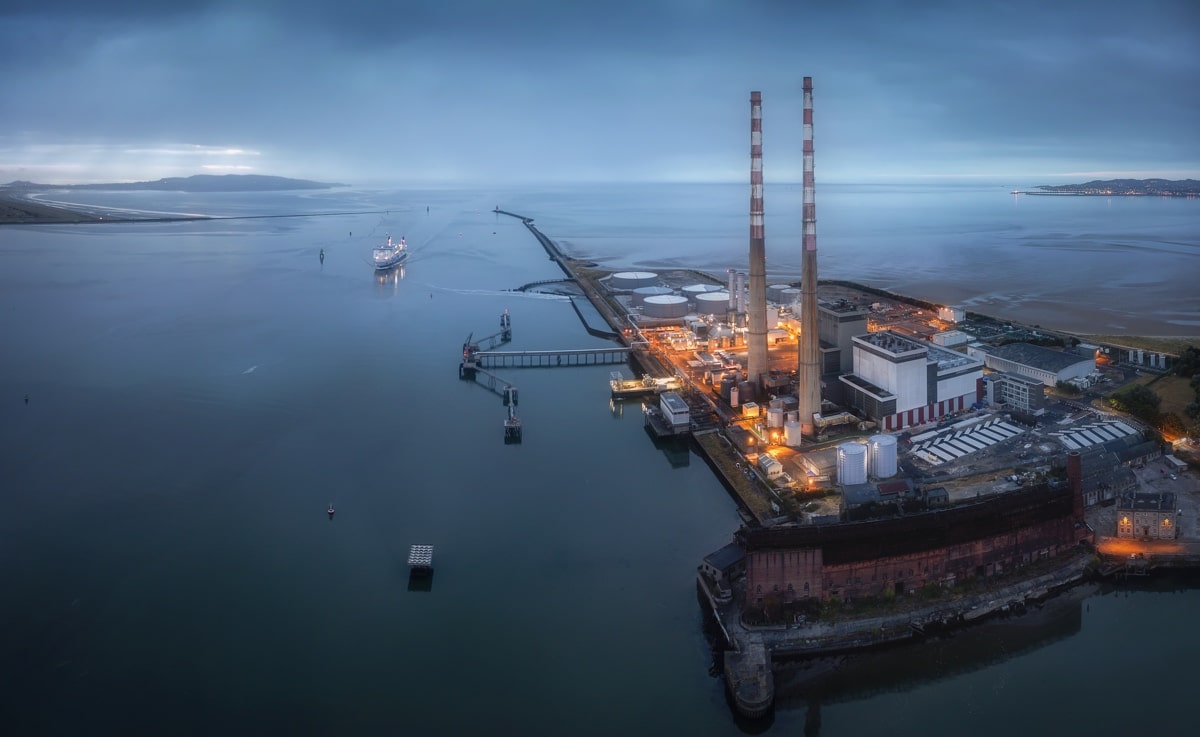 Panoramic view of Dublin Port entrance with old Poolbeg Power Plan