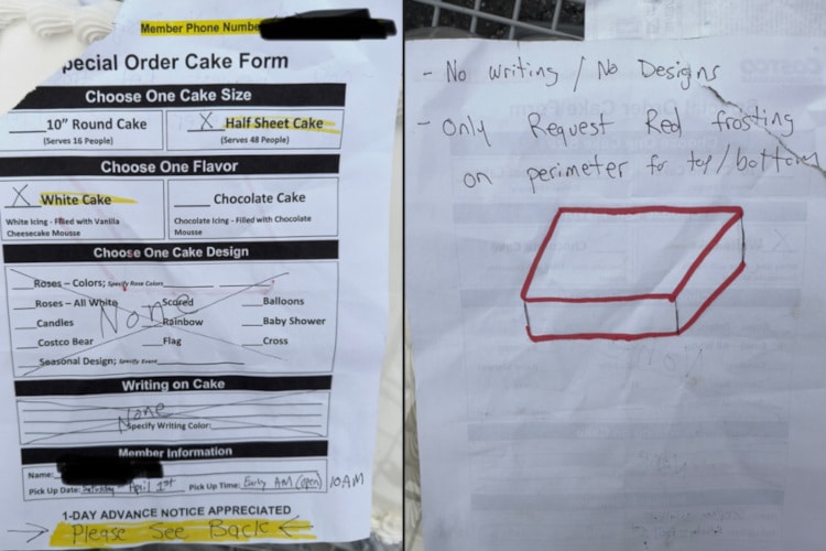 instructions given to costco cake customization department and the funny cake the customer got