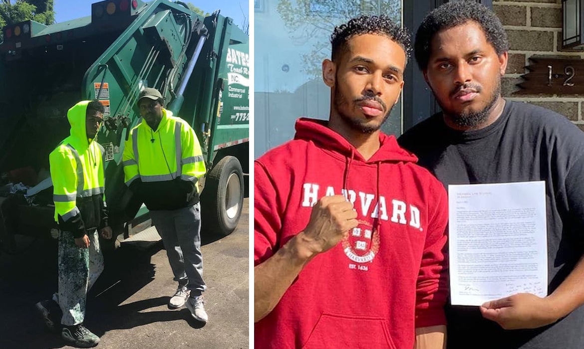 Side-by-side photos of former trash collector Rehan Staton and then as a Harvard Law student