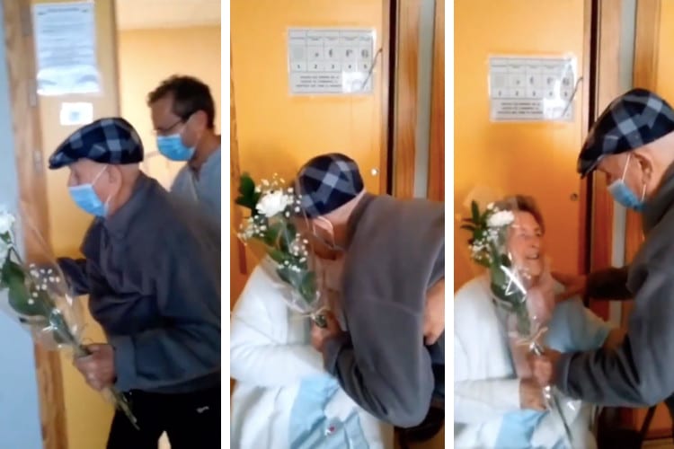 Screenshots of video showing a man arriving to his wife's side at the hospital, greeting her with a kiss, and handing her a flower as she smiles