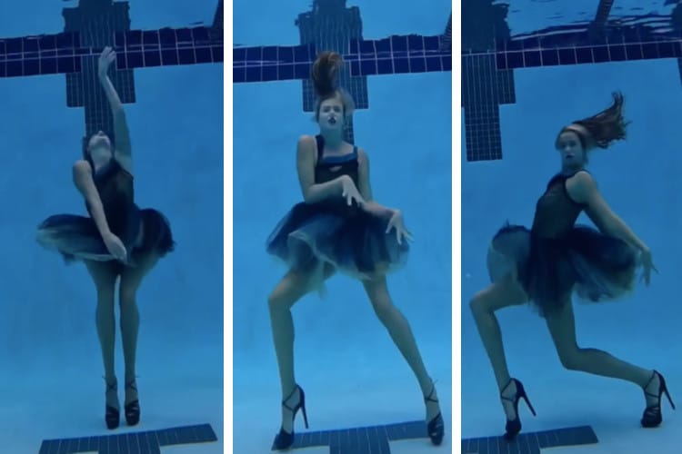 Screenshots of video showing artistic swimmer recreating the 