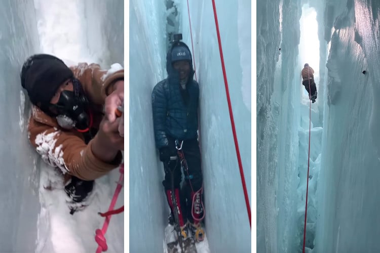 Screenshots of video showing a hiker being rescued from a crevasse on Mt. Everst by a sherpa