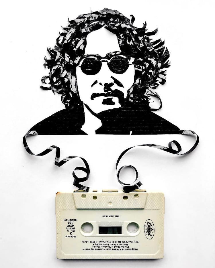 portrait of John Lennon made out of cassette tape