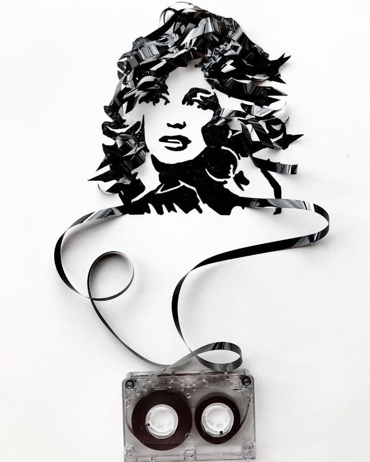 portrait of Dolly Parton made out of cassette tape