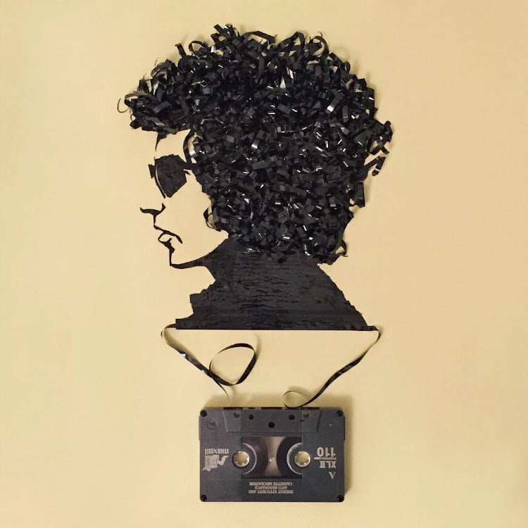 portrait of Bob Dylan made out of cassette tape