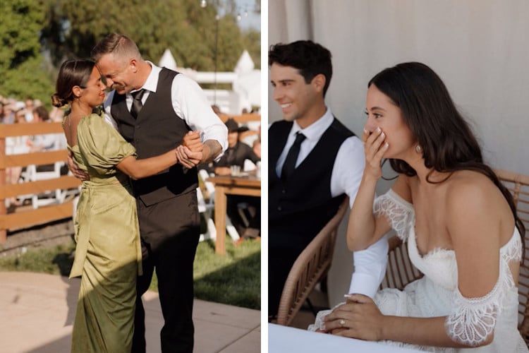 On the left, a couple has its first dance; on the right, their bride daughter looks amused