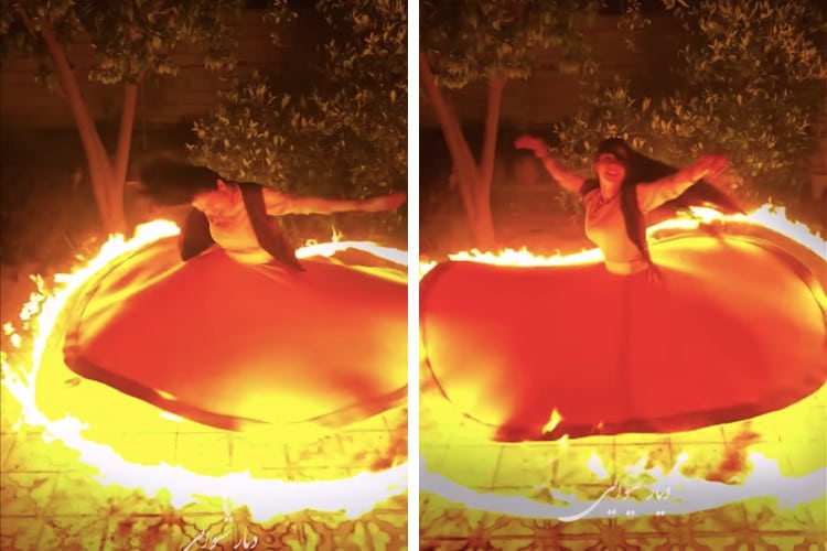 woman performs a fiery version of the traditional sama dance, twirling with her skirt on fire