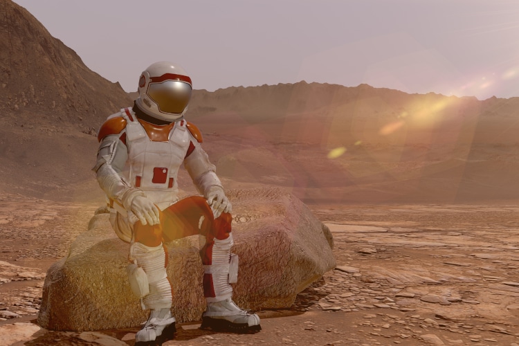 Astronaut sitting on Mars and admiring the scenery. Exploring Mission To Mars. Futuristic Colonization and Space Exploration Concept. Elements of this video furnished by NASA. 3d rendering