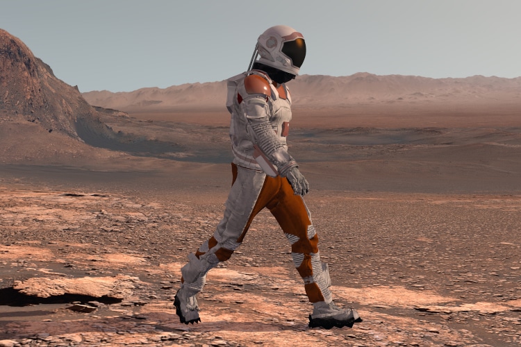 Astronaut Wearing Space Suit Walking On The Surface Of Mars. Exploring Mission To Mars. Futuristic Colonization and Space Exploration Concept. 3d rendering