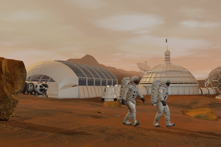 3D rendering. Colony on Mars. Two Astronauts Wearing Space Suit Walking On The Surface Of Mars. Exploring Mission To Mars. Futuristic Colonization and Space Exploration ConceptCG Animation. Elements of this image furnished by NASA.