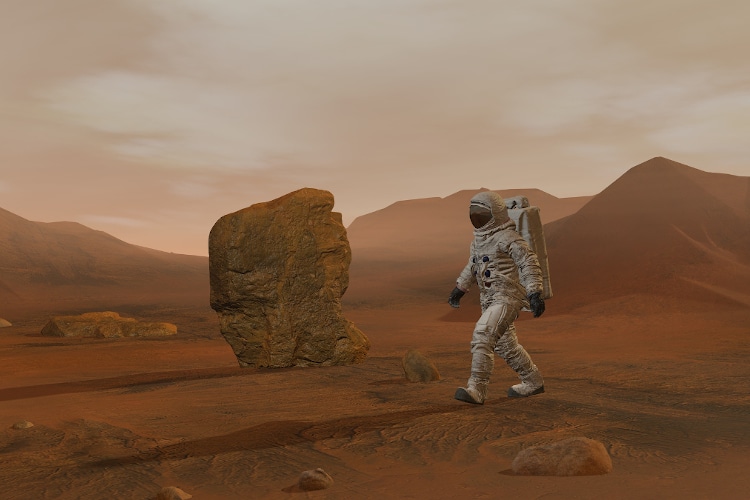 3D rendering. Colony on Mars. Two Astronauts Wearing Space Suit Walking On The Surface Of Mars. Exploring Mission To Mars. Futuristic Colonization and Space Exploration ConceptCG Animation. Elements of this image furnished by NASA.