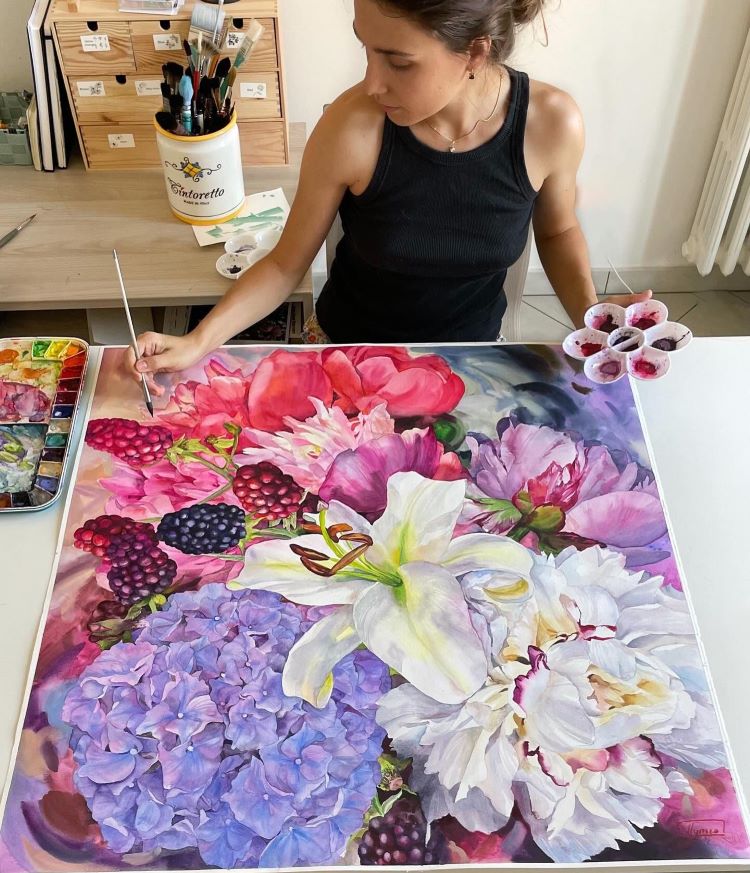 Janet Pulcho Painting Berries and Flowers