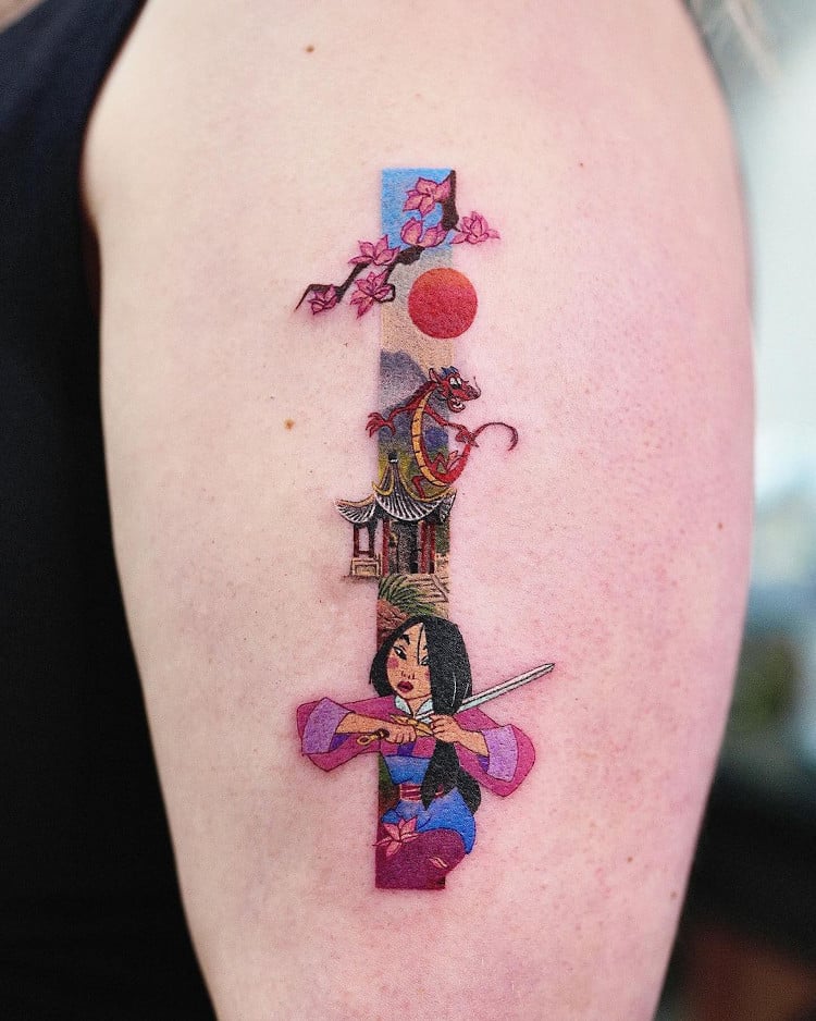 Vertical tattoos featuring Mulan characters