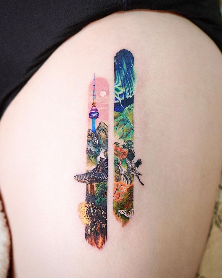 Vertical tattoos featuring East Asian elements