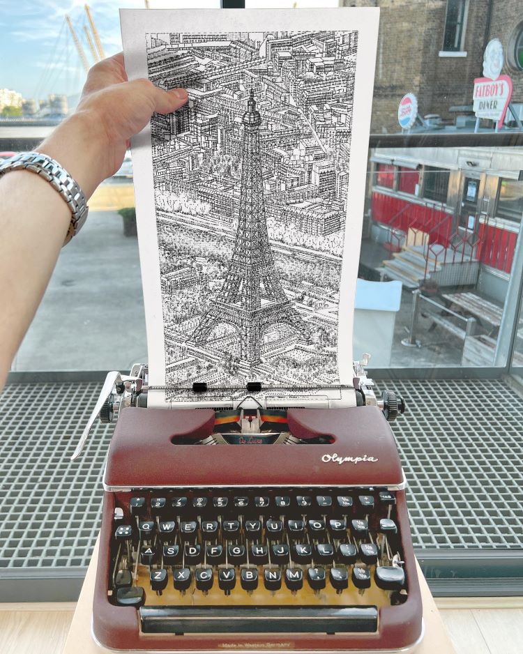 Drawing Of Eiffel Tower Printed With Typewriter Characters