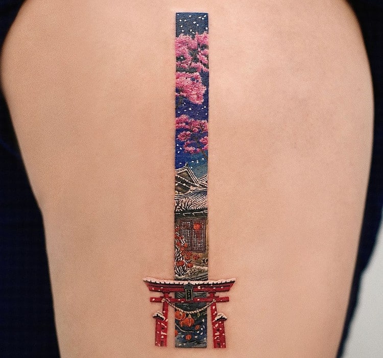Vertical tattoos featuring East Asian elements