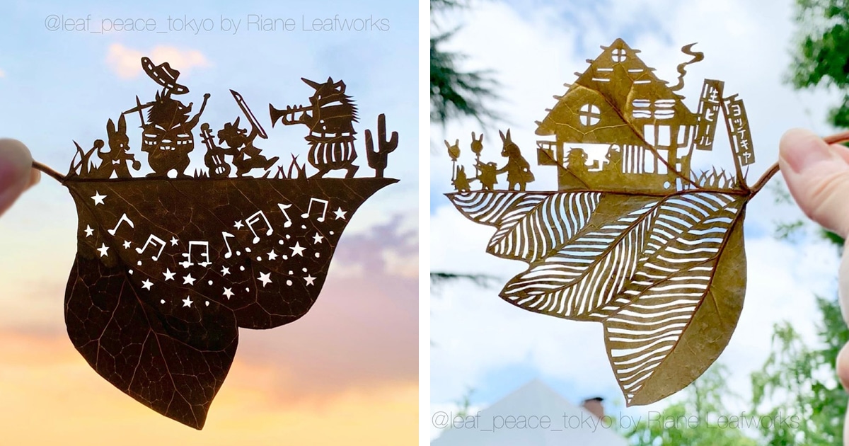 Artist’s Leaf Art Carvings Show Playful Animals and Serene Scenes