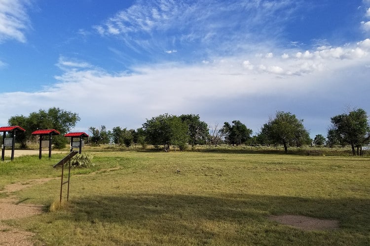 View of Granada War Relocation Center from the interpretive signs at the entrance in 2019
