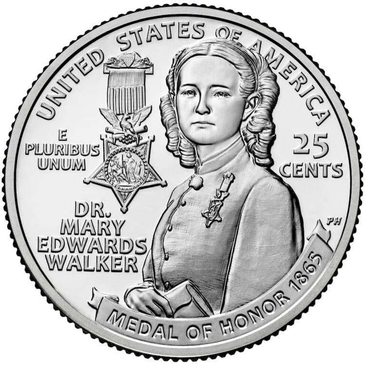 Dr. Mary Edwards featured on quarter with her Medal of Honor, as key player in medical care during the Civil War.