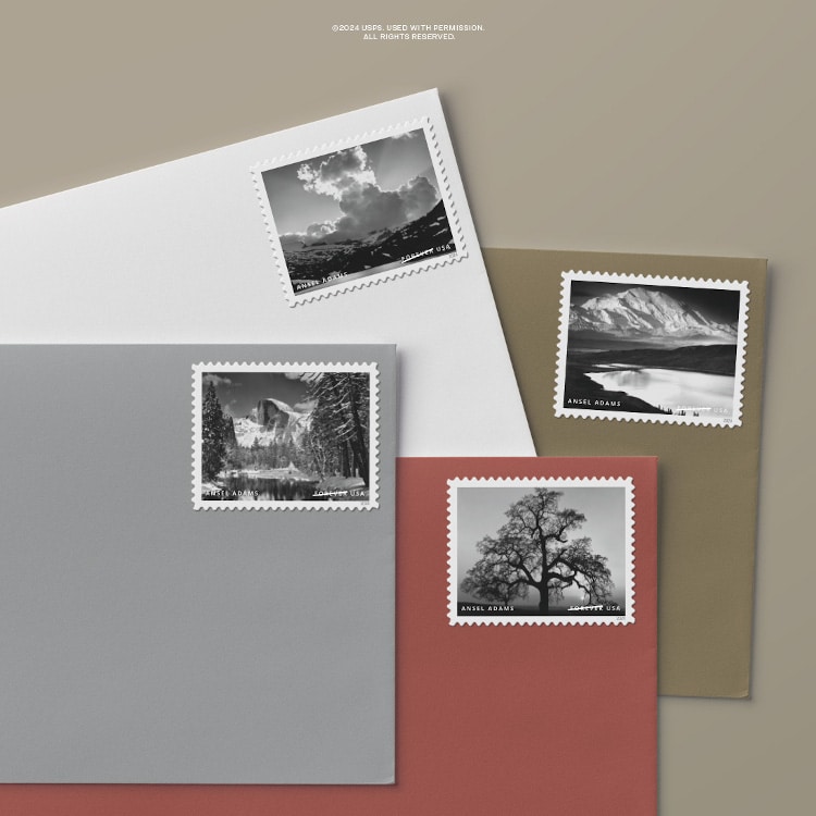 USPS Ansel Adams stamps on colorful stamps