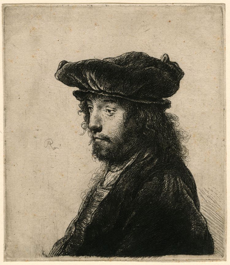 Rembrandt Etching Of A Man With Long Hair, A Beard, And Cap
